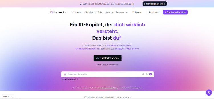 Eine Website mit dem Titel "Ein KI-Kopilot, der dich wirklich versteht. Das bist du." und einem Suchfeld für KI-Unterstützung.