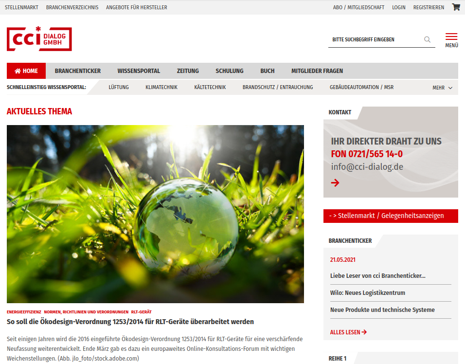 Website der CCI Dialog GmbH mit Hauptmenü, Kontaktinformationen und Artikel über die Überarbeitung der Ökodesign-Verordnung für RLT-Geräte.