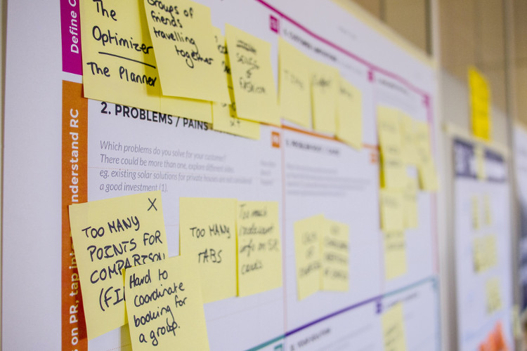 Eine Whiteboard-Wand mit gelben Post-its und Textfeldern, die Probleme und Lösungen für Gruppenreisen darstellen.