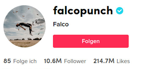 Profil von "falcopunch" mit dem Namen "Falco", einem Profilbild, einem blauen Haken für verifiziert, einem "Folgen"-Button, 85 gefolgte Profile, 10,6 Millionen Follower und 214,7 Millionen Likes.