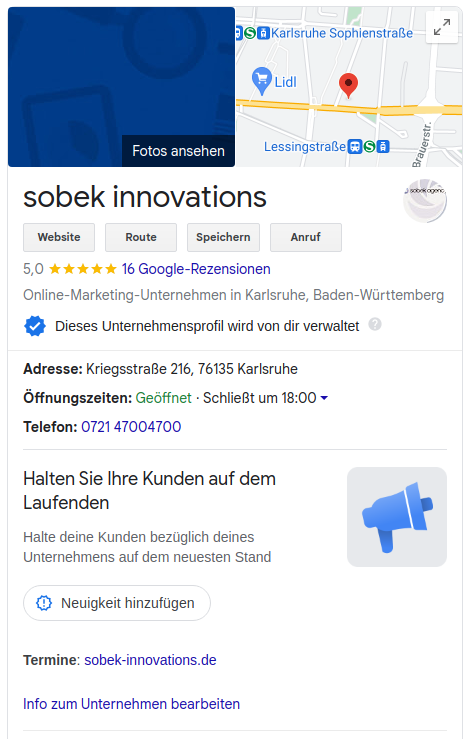 Google Maps-Ansicht mit Unternehmensprofil von "sobek innovations" in Karlsruhe, einschließlich Adresse, Bewertungen, Öffnungszeiten und Kontaktinformationen.