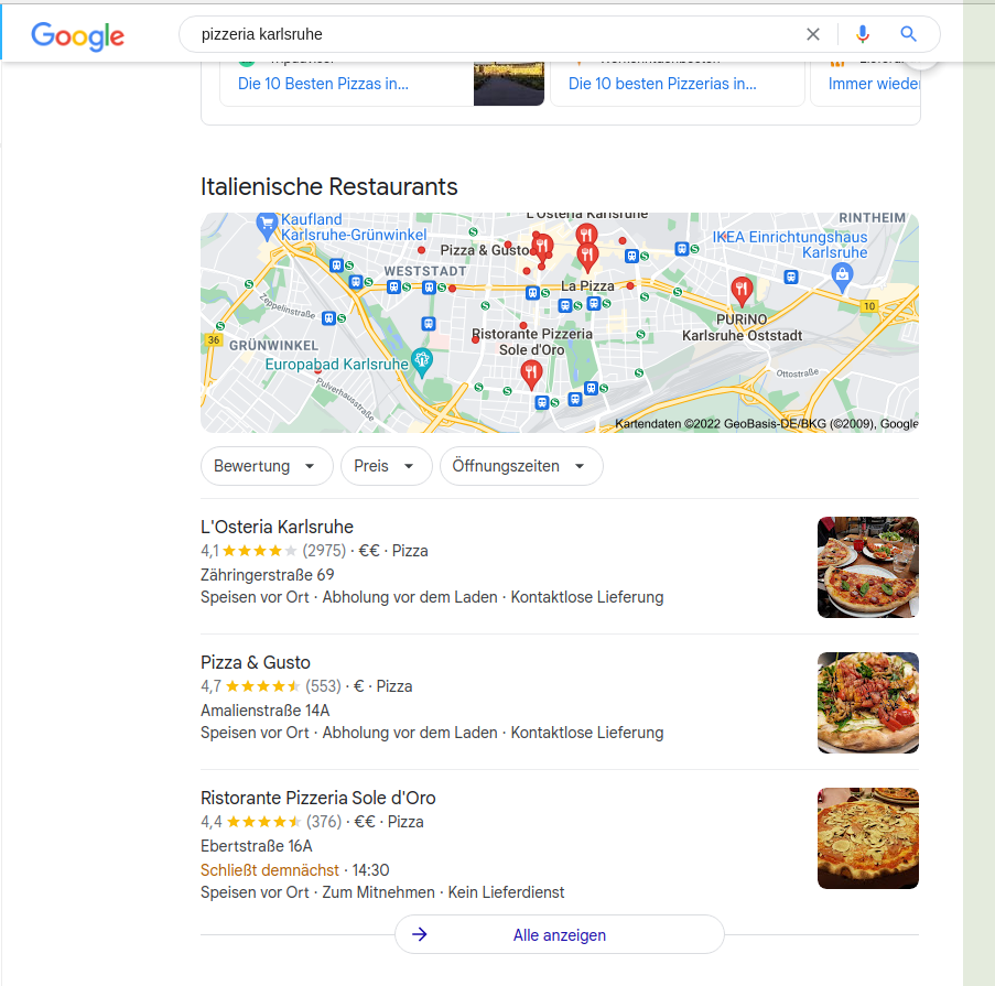 Google-Suchergebnis für "pizzeria karlsruhe" mit einer Karte und einer Liste von italienischen Restaurants in Karlsruhe, einschließlich Bewertungen, Preise und Öffnungszeiten.