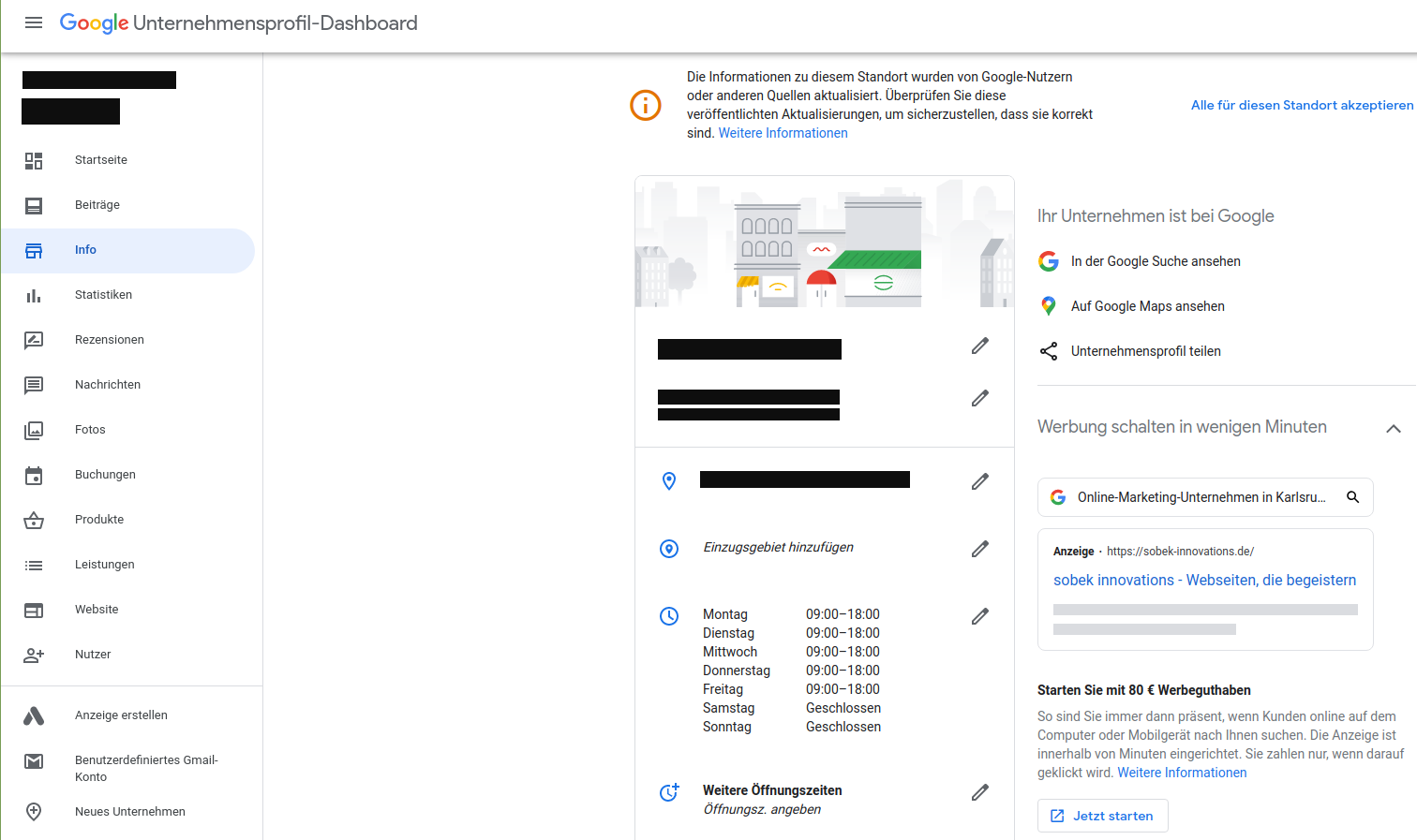 Das Bild zeigt das Google Unternehmensprofil-Dashboard mit Informationen zu Öffnungszeiten, Standort, Werbungsmöglichkeiten und Menüoptionen wie Info, Statistiken und Rezensionen.