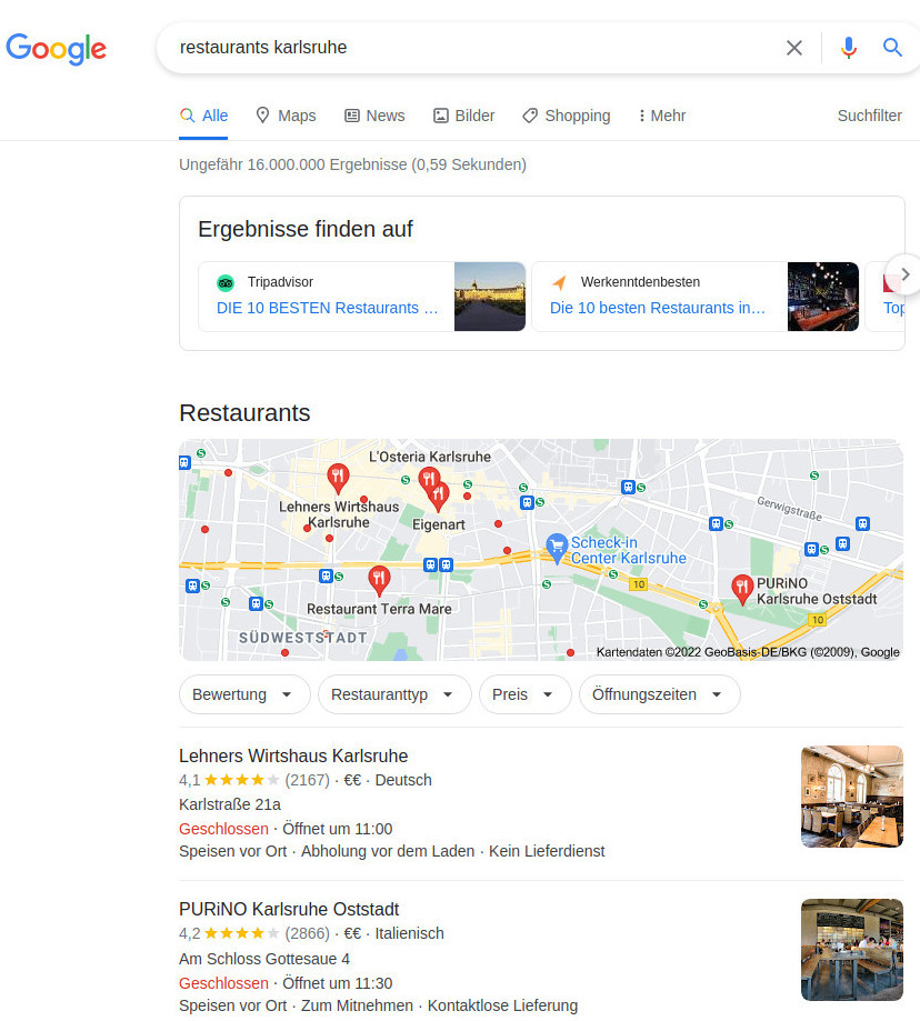 Google-Suchergebnisse für "restaurants karlsruhe" mit Karte und Listen von Restaurants wie "Lehners Wirtshaus Karlsruhe" und "PURiNO Karlsruhe Oststadt".