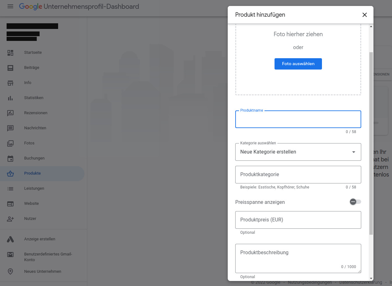 Fenster zum Hinzufügen eines Produkts im Google Unternehmensprofil-Dashboard mit Feldern für Foto, Produktname, Kategorie, Preis und Beschreibung.