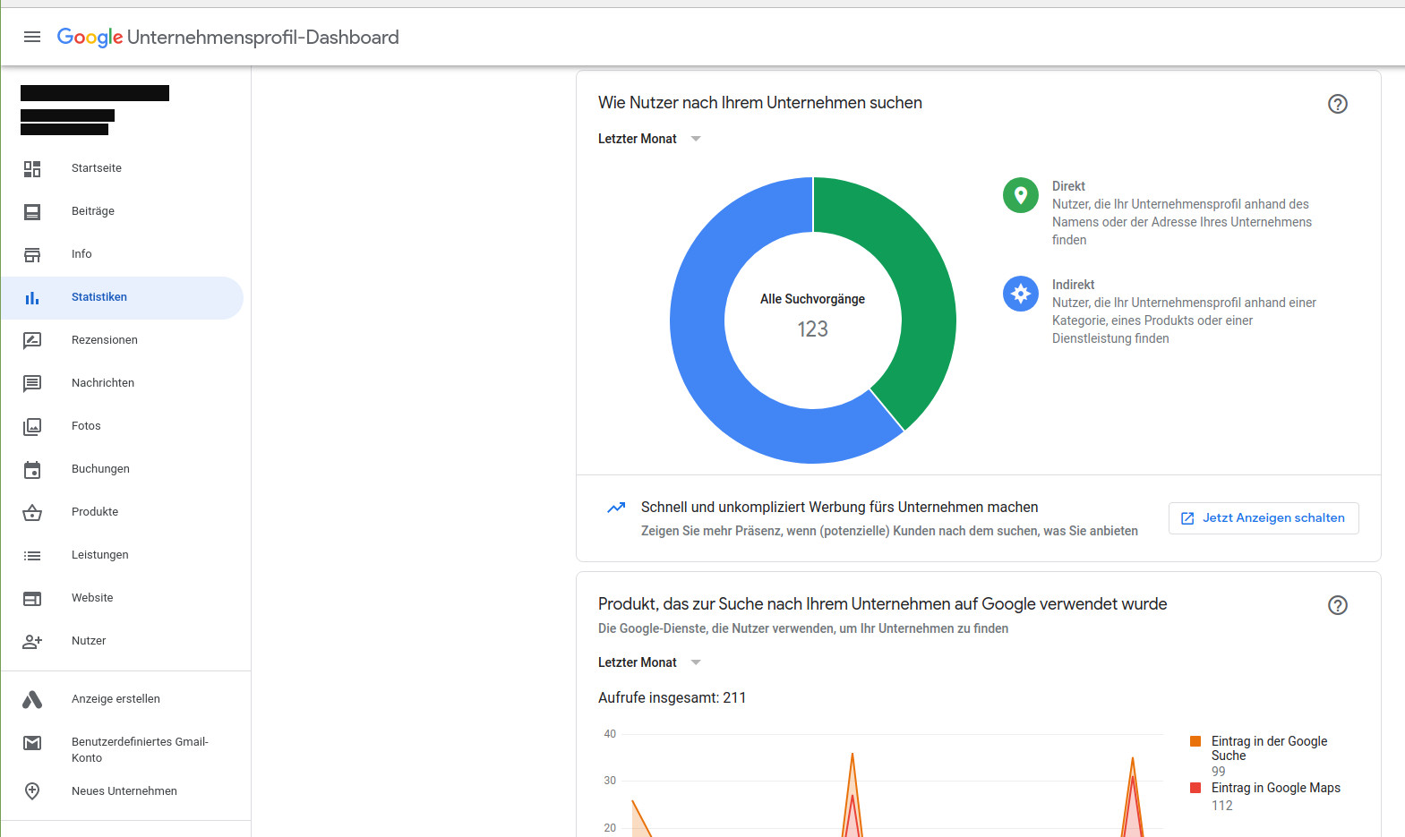 Das Bild zeigt das Google Unternehmensprofil-Dashboard mit Statistiken über Suchvorgänge, direkte und indirekte Nutzer sowie Aufrufzahlen für Google Suche und Google Maps im letzten Monat.