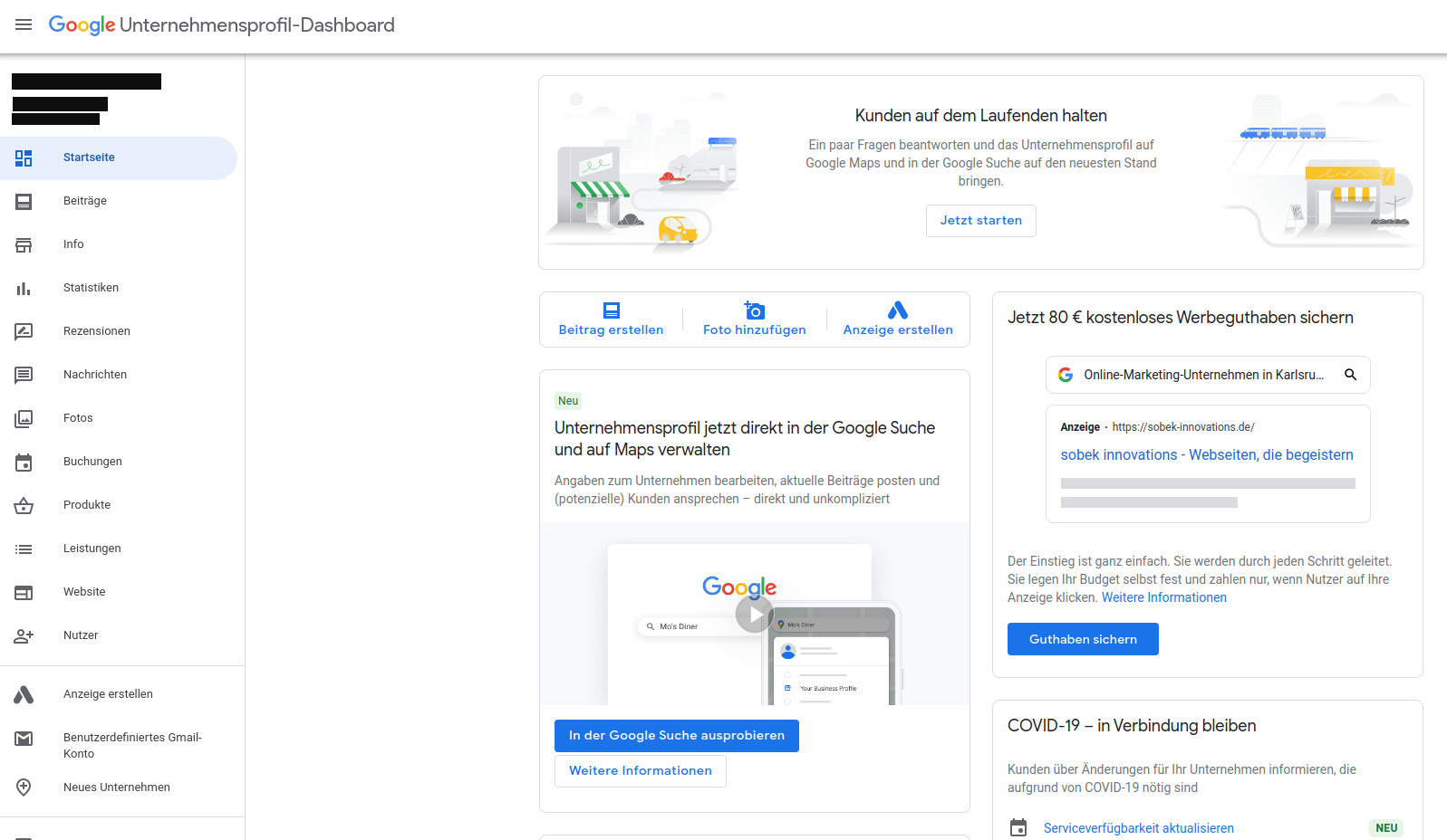 Das Bild zeigt das Google Unternehmensprofil-Dashboard mit Menüoptionen, einem Startseite-Link, und Informationen zu Kundenpflege, Werbung und neuen Funktionen für Unternehmen.
