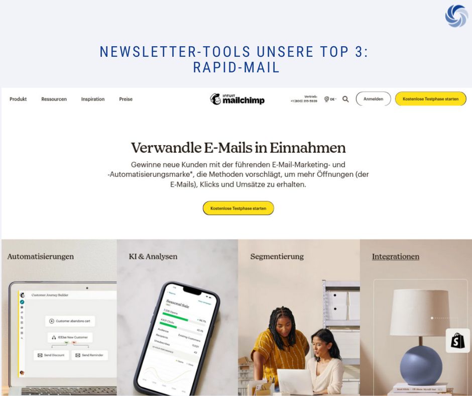"Webseite von Mailchimp mit dem Titel 'Newsletter-Tools Unsere Top 3: Rapid-Mail', hervorhebend die Funktionen 'Automatisierungen', 'KI & Analysen', 'Segmentierung' und 'Integrationen'."