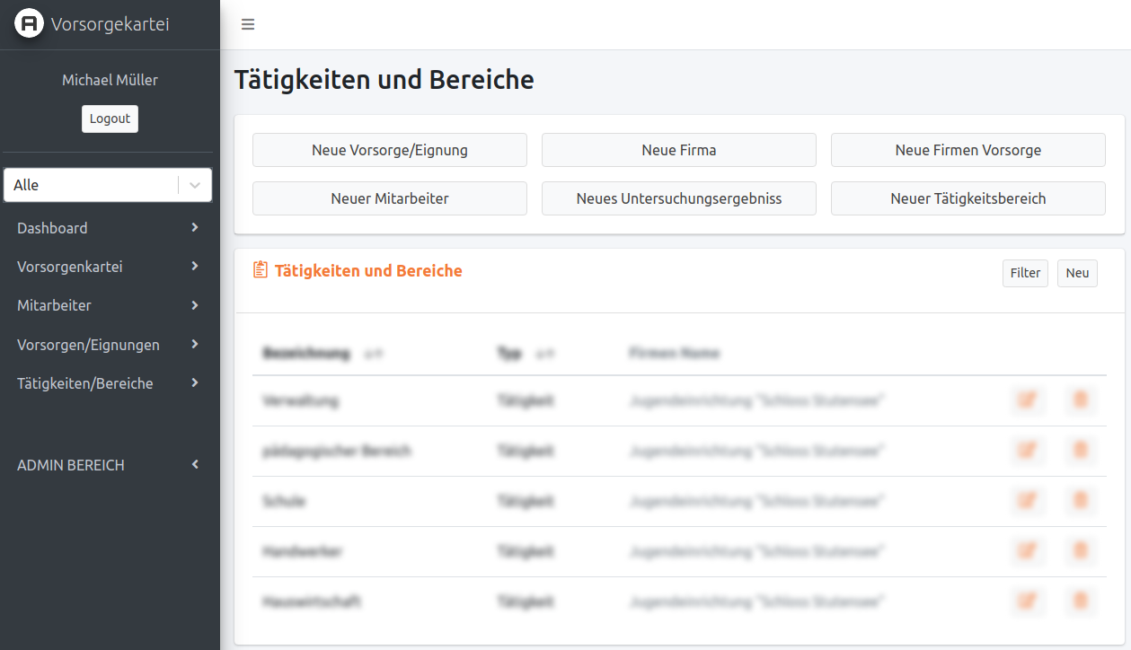Benutzerinterface mit Menü auf der linken Seite und Tabelle "Tätigkeiten und Bereiche" auf der rechten Seite, darunter Optionen wie "Neue Vorsorge/Eignung" und "Neue Firma".