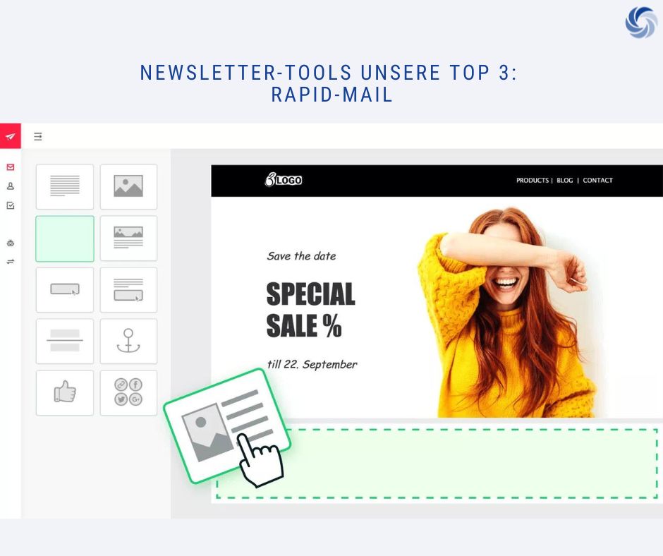 "Screenshot eines Newsletter-Tools mit dem Titel 'Newsletter-Tools Unsere Top 3: Rapid-Mail', einer Benutzeroberfläche mit Symbolen und einem Newsletter-Vorlage-Design, das eine lachende Frau in einem gelben Pullover zeigt und den Text 'Save the date, SPECIAL SALE % till 22. September' enthält."
