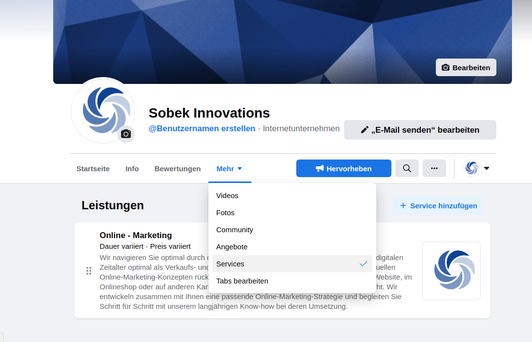 Das Bild zeigt den Profilbereich von Sobek Innovations auf einer Plattform mit Optionen wie "Leistungen," "Videos," "Fotos," "Community," "Angebote," "Services" und "Tabs bearbeiten."