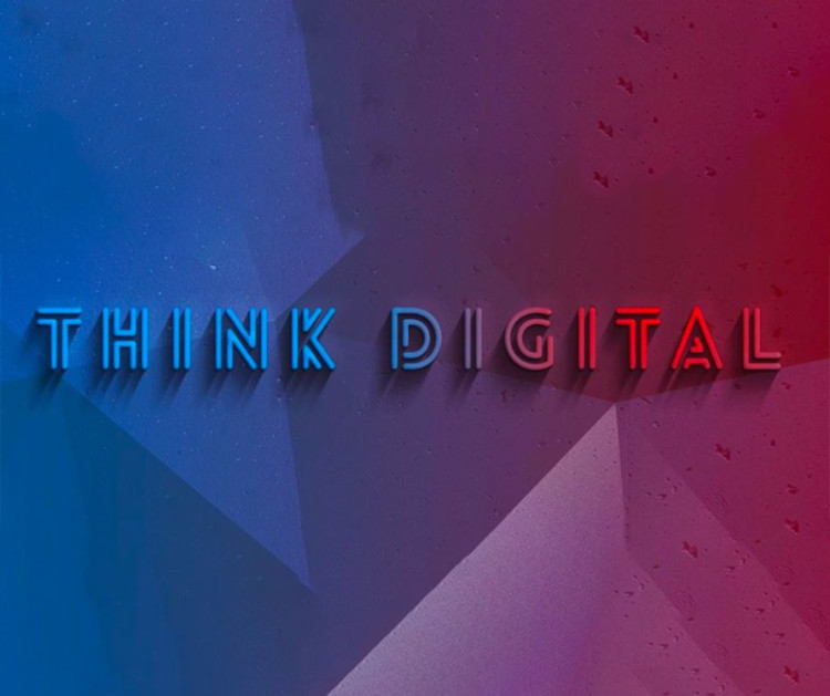 Ein stilisiertes Design mit dem Text "THINK DIGITAL" in blau und rot auf einem abstrakten Hintergrund.