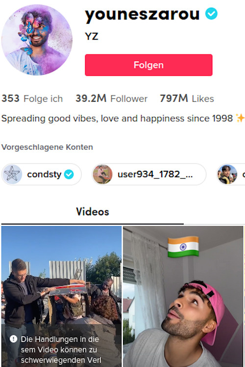 Soziale Medien-Profil von "younesarou" mit 39,2 Millionen Followern, 797 Millionen Likes und dem Slogan "Spreading good vibes, love and happiness since 1998", sowie Vorschlägen für weitere Konten und Videovorschauen.